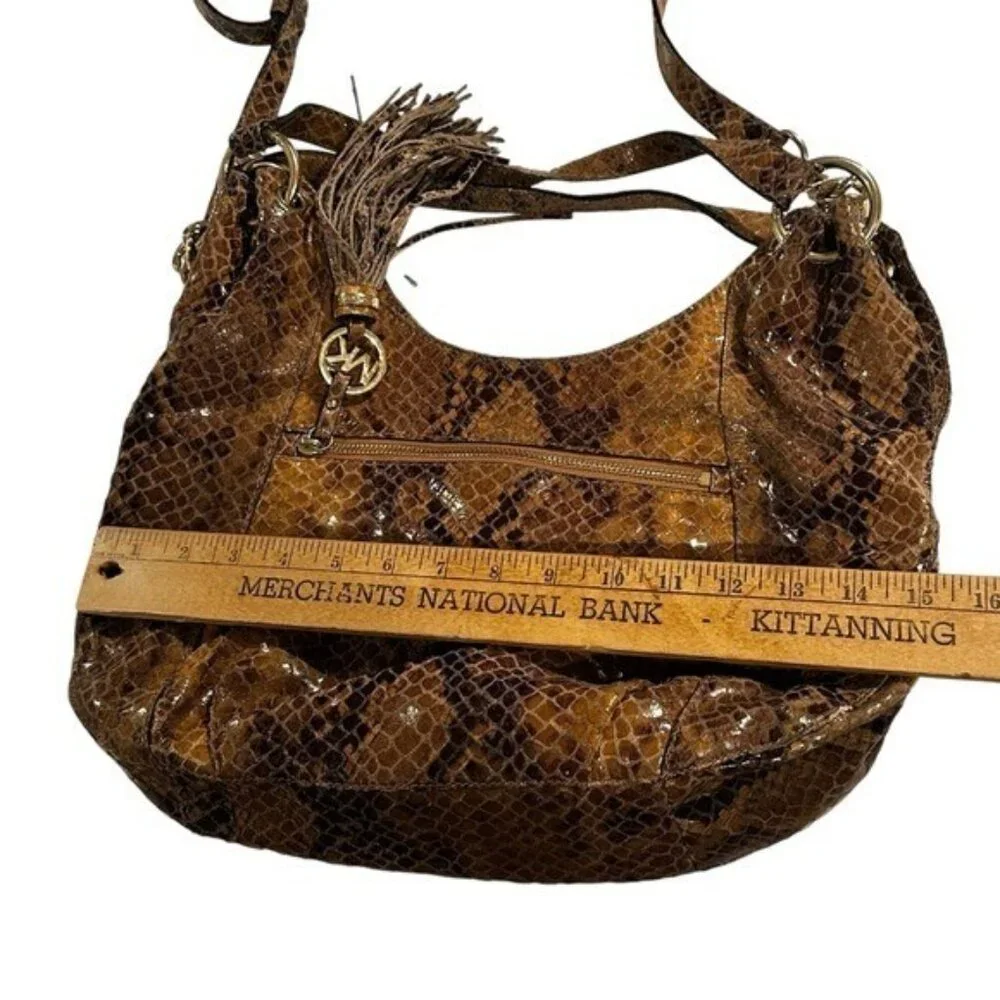 Michael Kors Hobo Purse Handbag Leather Snake Print Brown Y2K Tassle Crossbody